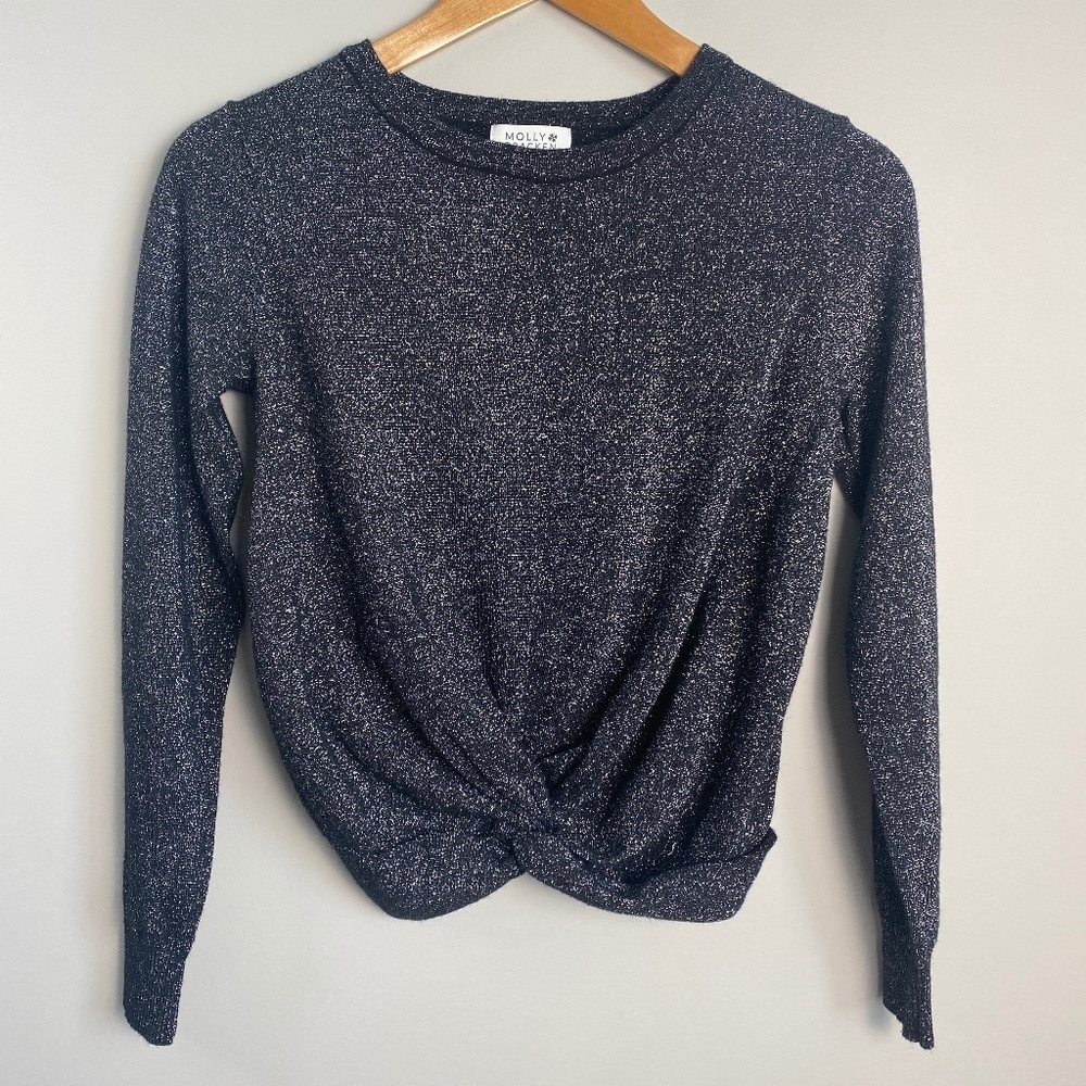 Molly Bracken Women's‎ Black Front Twist Knot Silver Glitter Lightweight Sweater
